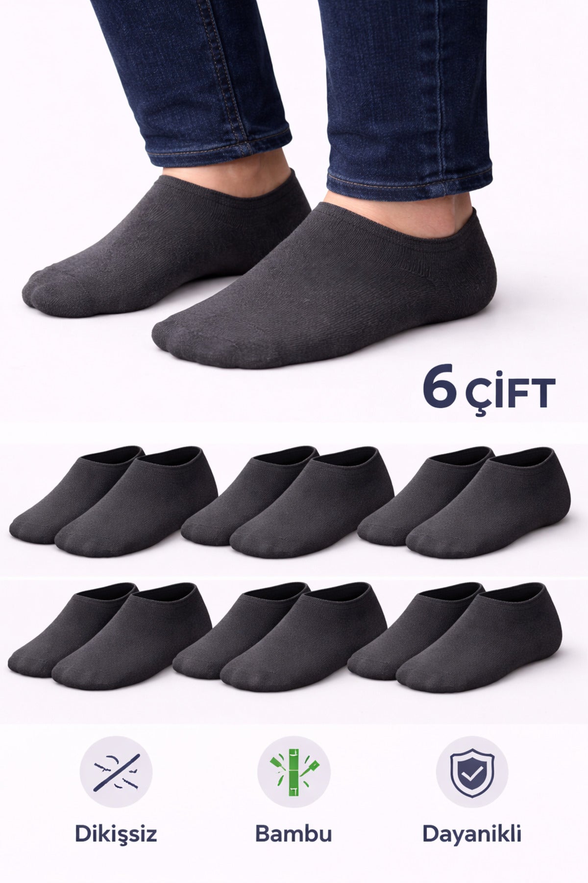 Erkek Füme Bambu Sneaker Çorap 6’lı Paket – Dikişsiz, Terletmeyen, Dayanıklı, Görünmez