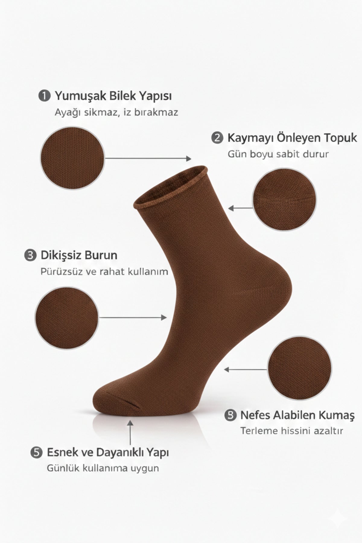 Erkek Kahverengi 6'lı Pamuklu Kutulu Lastiksiz Çorap Diyabetik Dostu Dikişsiz Esnek Iz Bırakmaz Kısa Konç Sıkmayan Çorap