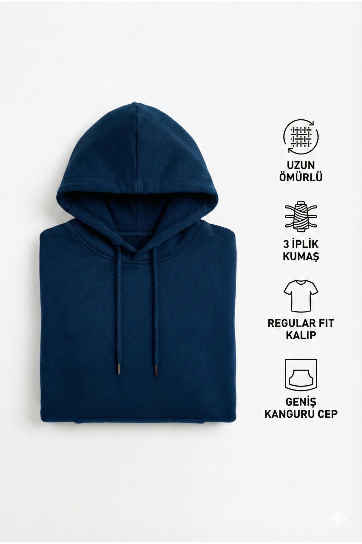 Erkek Gece Mavisi 3 İplik Pamuklu Kapüşonlu Sweatshirt Basic Hoodie Kanguru Cepli
