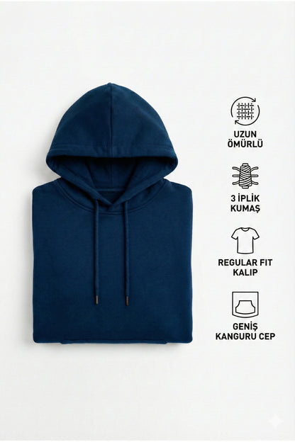 Erkek Gece Mavisi 3 İplik Pamuklu Kapüşonlu Sweatshirt Basic Hoodie Kanguru Cepli