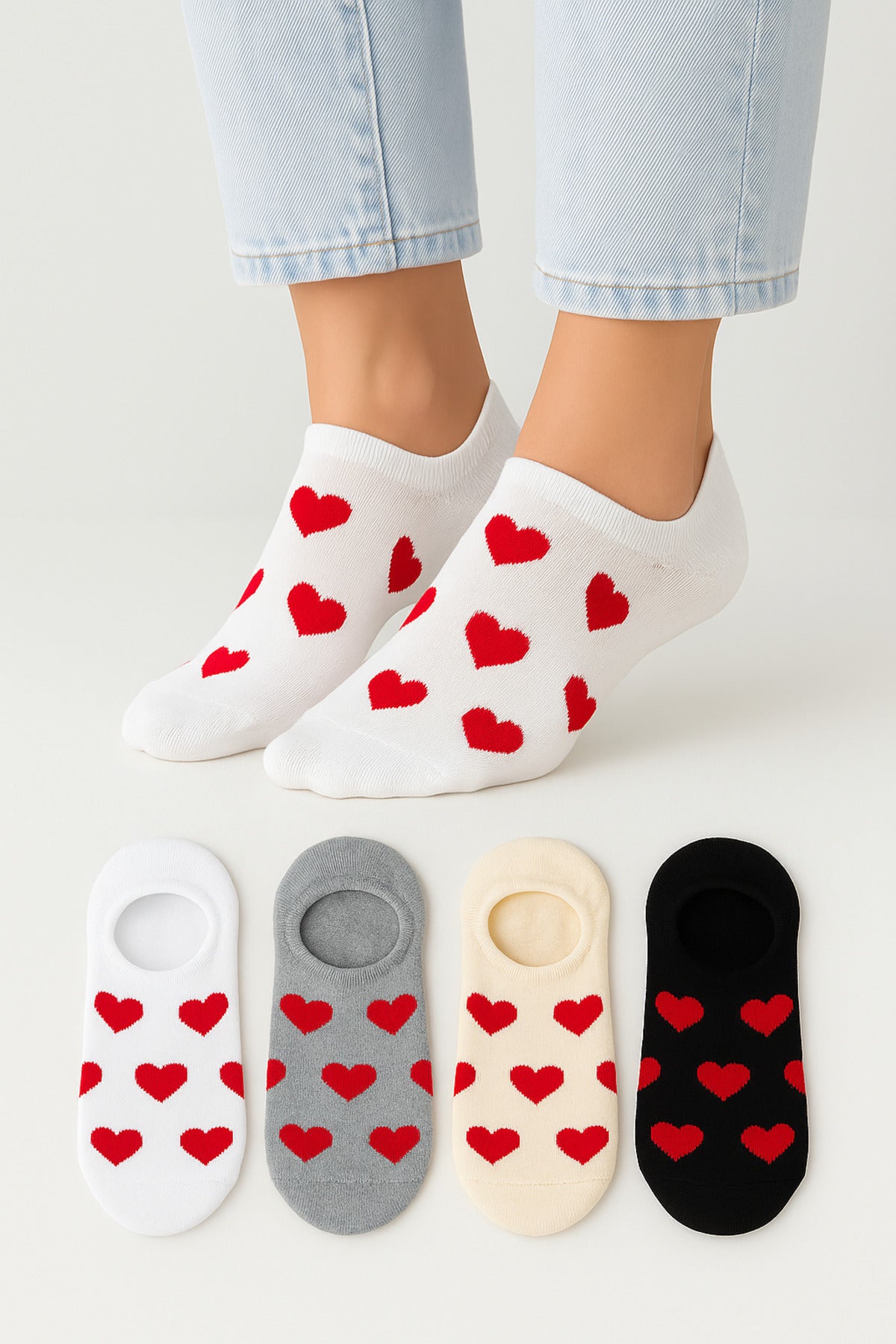Kadın Dikişsiz Soft Pamuk Kalp Desenli 4'lü Sneakers Çorap