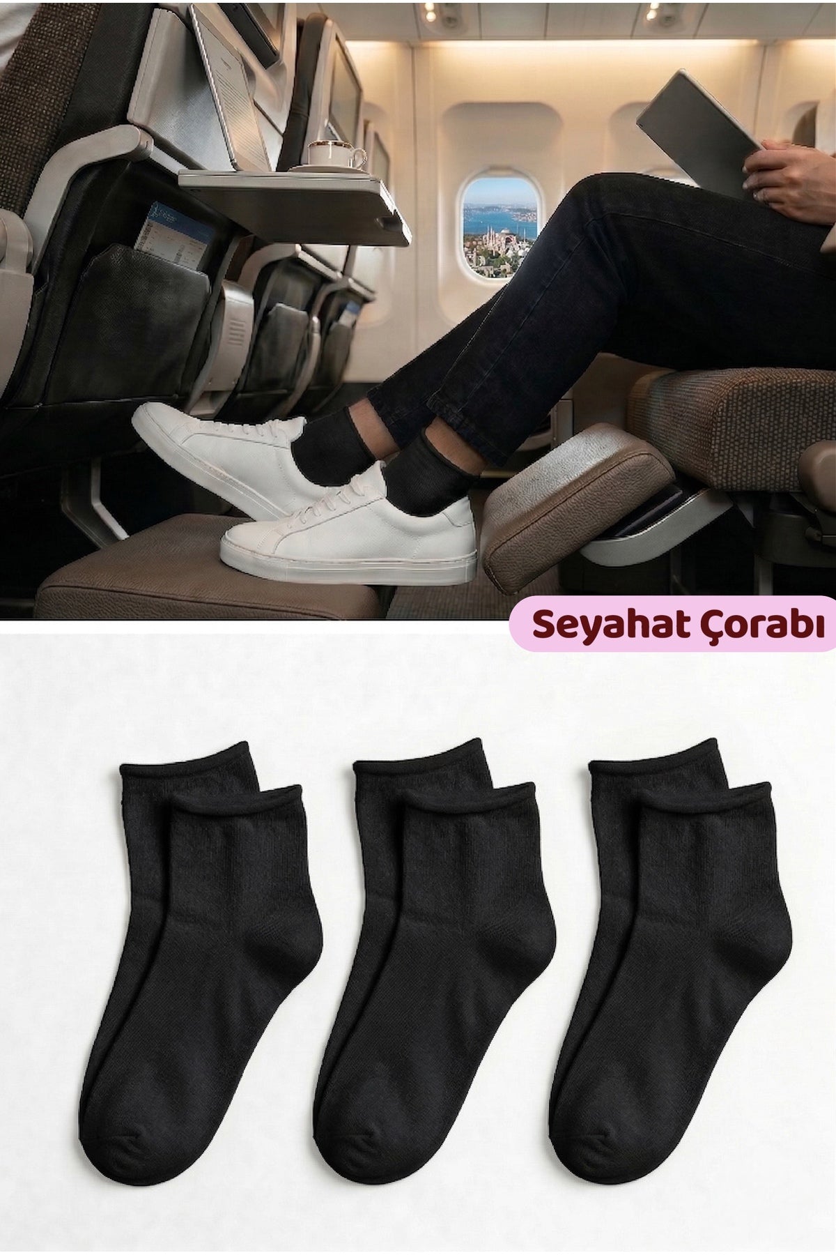 Erkek Siyah Lastiksiz Seyahat Çorabı 3’lü Paket Dikişsiz/Premium/Pamuk/Kısa Yolculuk Çorabı