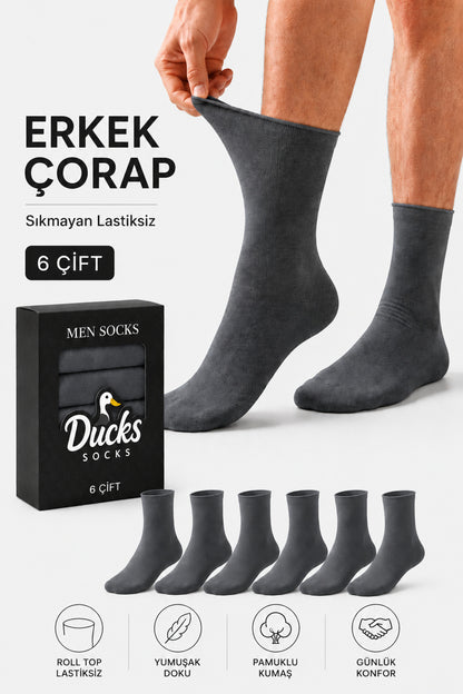 Erkek Füme 6'lı Pamuklu Kutulu Lastiksiz Çorap Diyabetik Dostu Dikişsiz Iz Bırakmaz Uzun Konç Sıkmayan Çorap