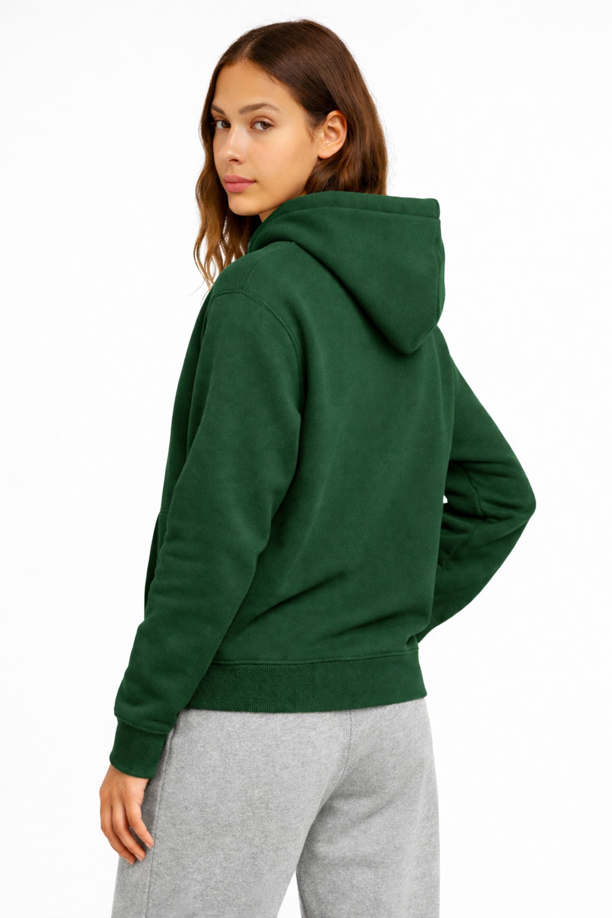 Kadın Koyu Yeşil 3 İplik Pamuklu Kapüşonlu Sweatshirt Basic Hoodie Kanguru Cepli