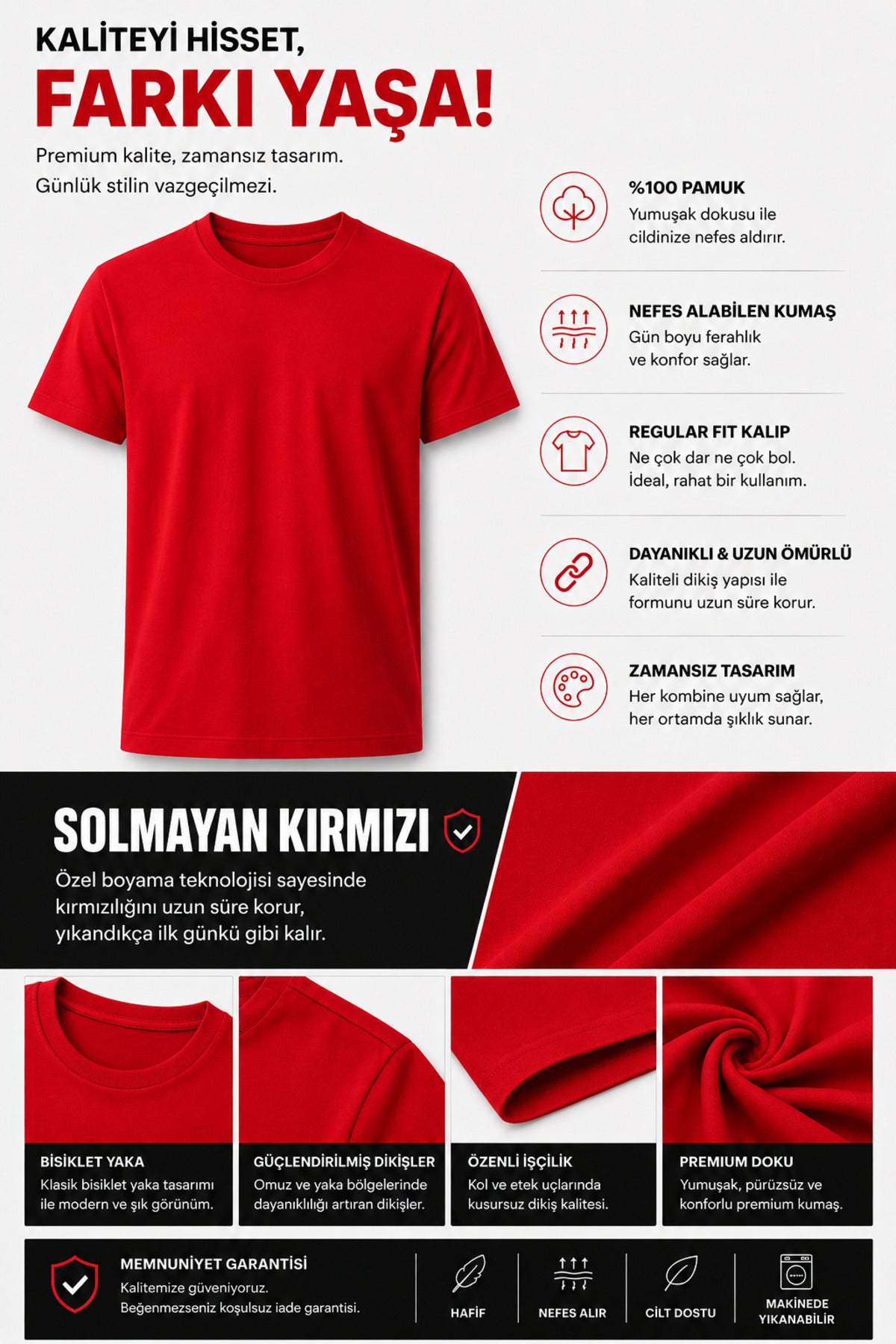 Erkek Düz Kırmızı Tişört %100 Pamuk Basic Bisiklet Yaka Regular Fit Günlük