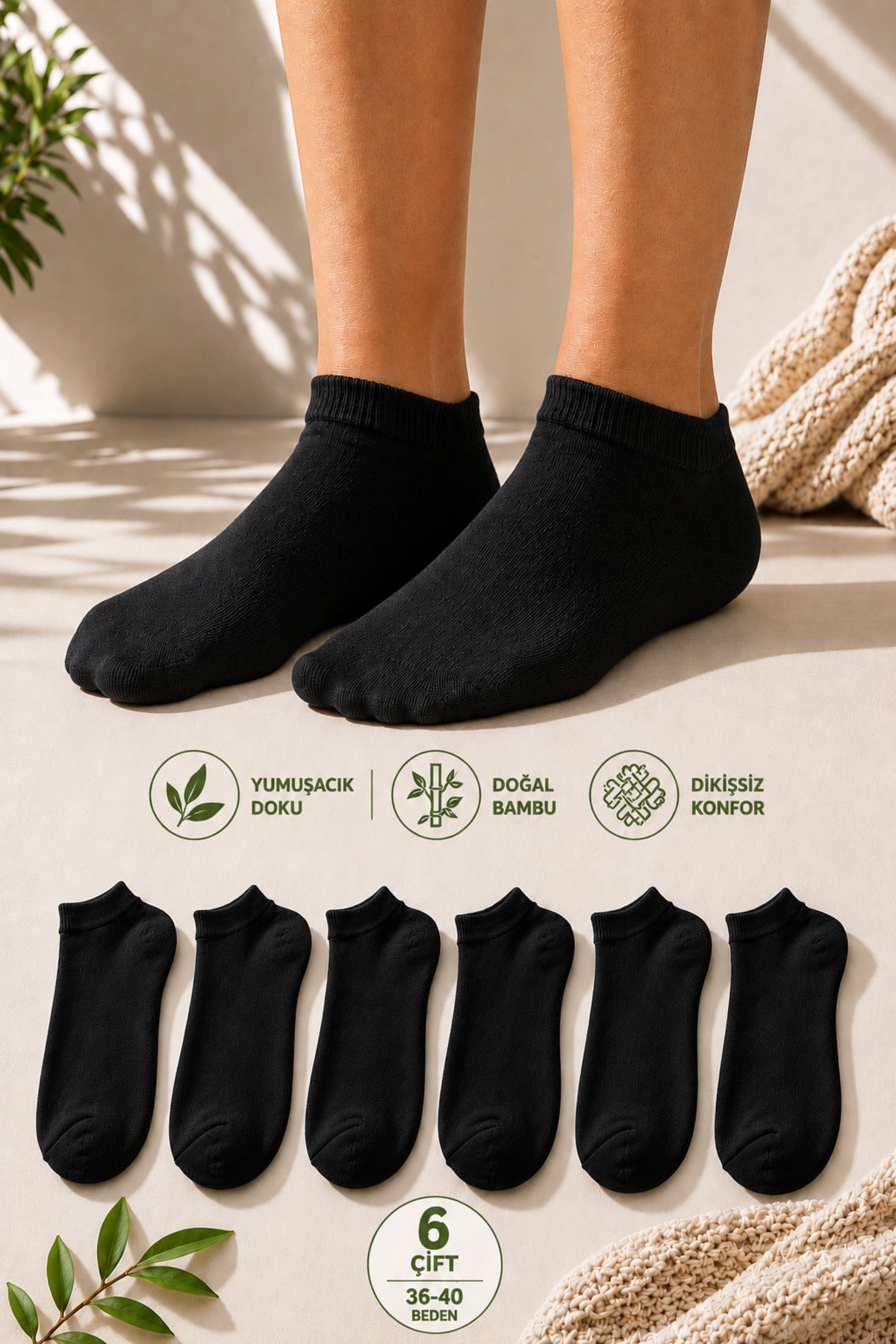 Kadın Siyah 6'lı Bambu Extra Yumuşak Yazlık Dikişsiz Çorap Terletmeyen Soft Çorap