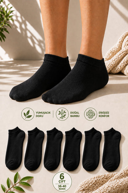 Kadın Siyah 6'lı Bambu Extra Yumuşak Yazlık Dikişsiz Çorap Terletmeyen Soft Çorap