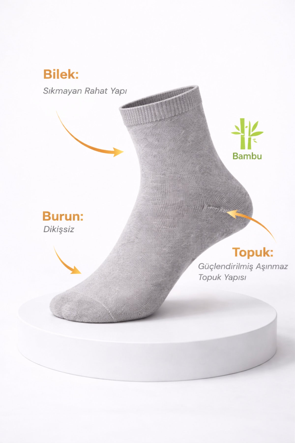 Erkek Kısa Konç Bambu Gri Çorap 3’lü Dikişsiz Terletmeyen Ultra Yumuşak Nefes Alabilir Premium Çorap