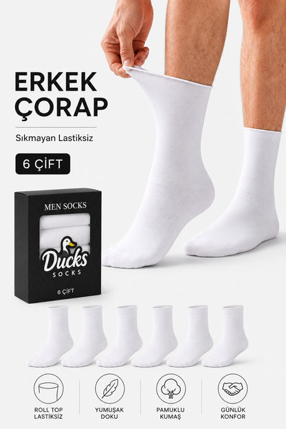 Erkek Beyaz 6'lı Pamuklu Kutulu Lastiksiz Çorap Diyabetik Dostu Dikişsiz Esnek Uzun Konç Sıkmayan Çorap