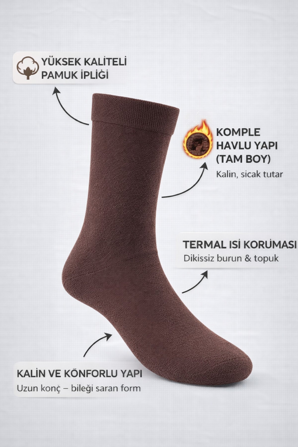 Ducks Socks Toprak Renkleri Erkek 3'lü Dikişsiz Isı Koruyucu Termal Kışlık Havlu Çorap