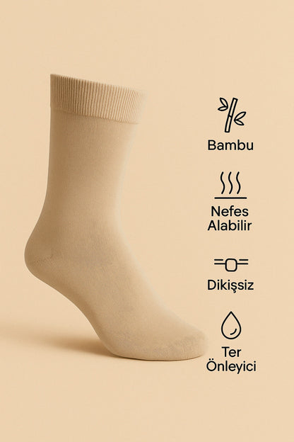 Erkek Bej Bambu Çorap 6'lı Kutulu Dikişsiz Uzun Konç Yıkamalı