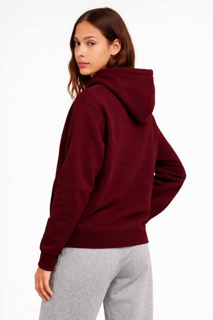 Kadın Bordo 3 İplik Pamuklu Kapüşonlu Sweatshirt Basic Hoodie Kanguru Cepli