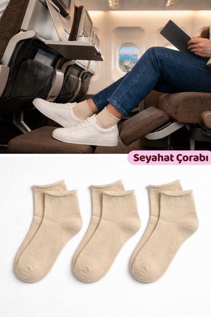 Erkek Bej Lastiksiz Seyahat Çorabı 3’lü Paket Dikişsiz/Premium/Pamuk/Kısa Yolculuk Çorabı