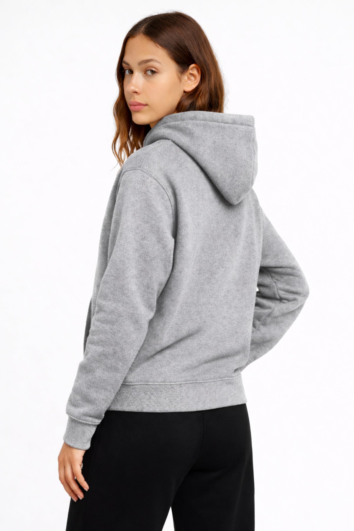 Kadın Gri 3 İplik Pamuklu Kapüşonlu Sweatshirt Basic Hoodie Kanguru Cepli