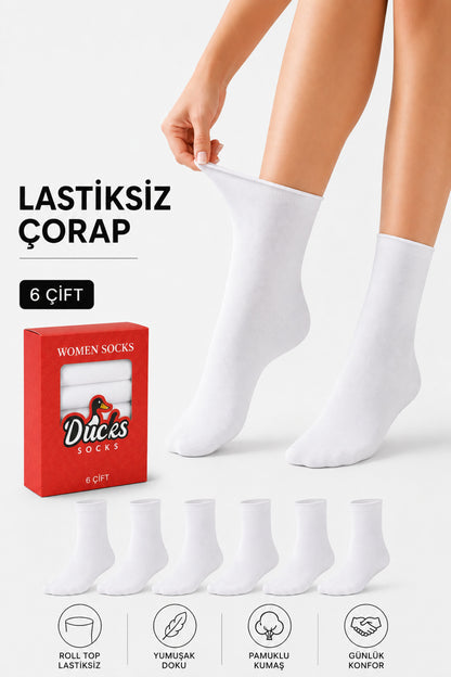 Kadın Beyaz 6'lı Pamuklu Kutulu Lastiksiz Çorap Diyabetik Dostu Dikişsiz Iz Bırakmaz Uzun Konç Sıkmayan Çorap