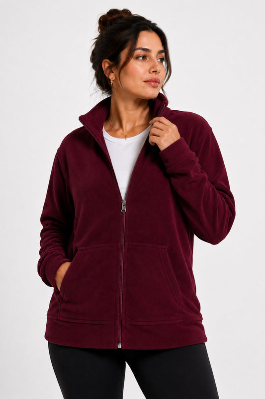Kadın Polar Tam Fermuarlı Kanguru Cepli Yumuşak Dik Yaka Soğuk Geçirmez Günlük Kullanım Rahat Kesim