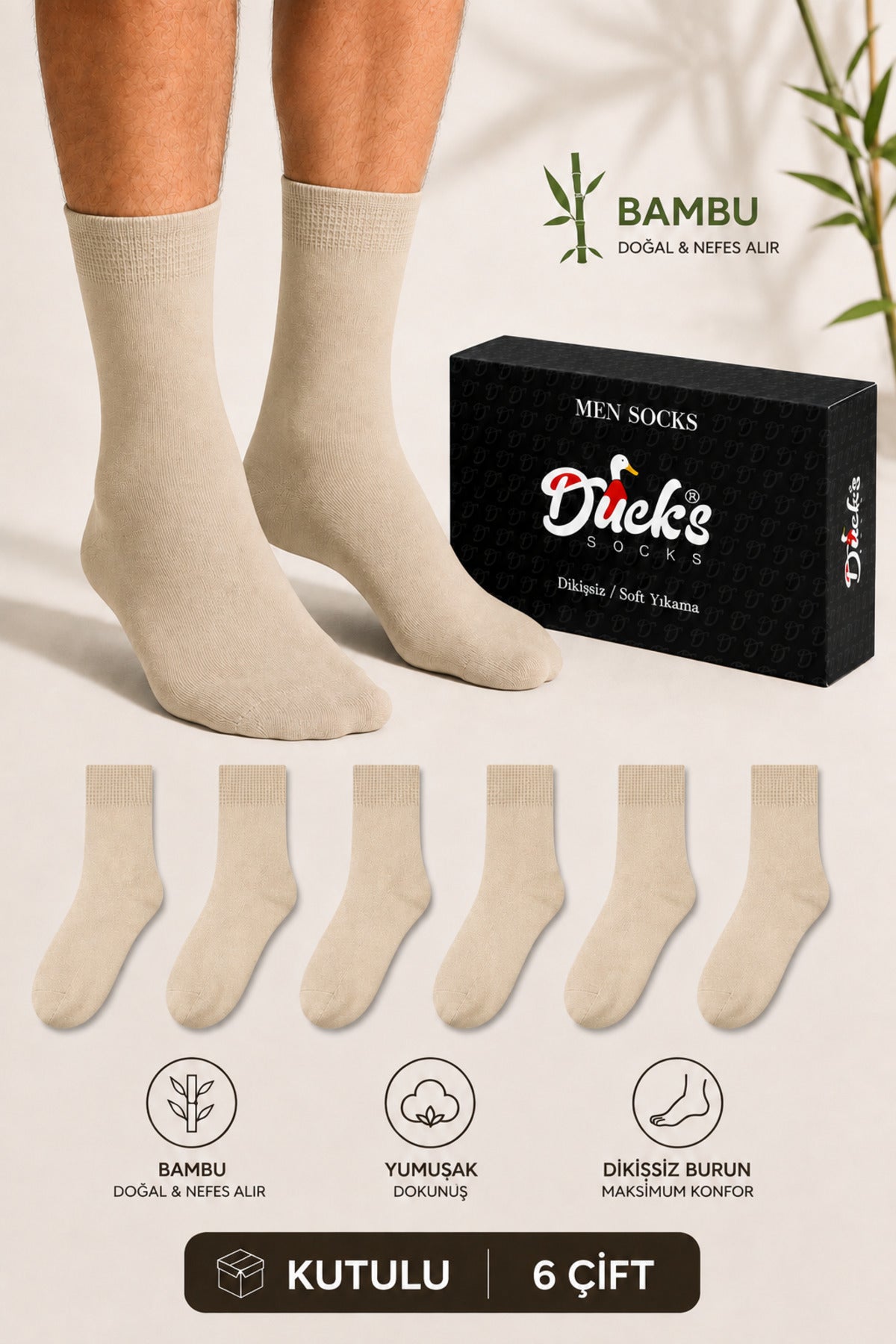 Erkek Bambu Çorap 6'lı Kutulu Dikişsiz Uzun Konç Yıkamalı