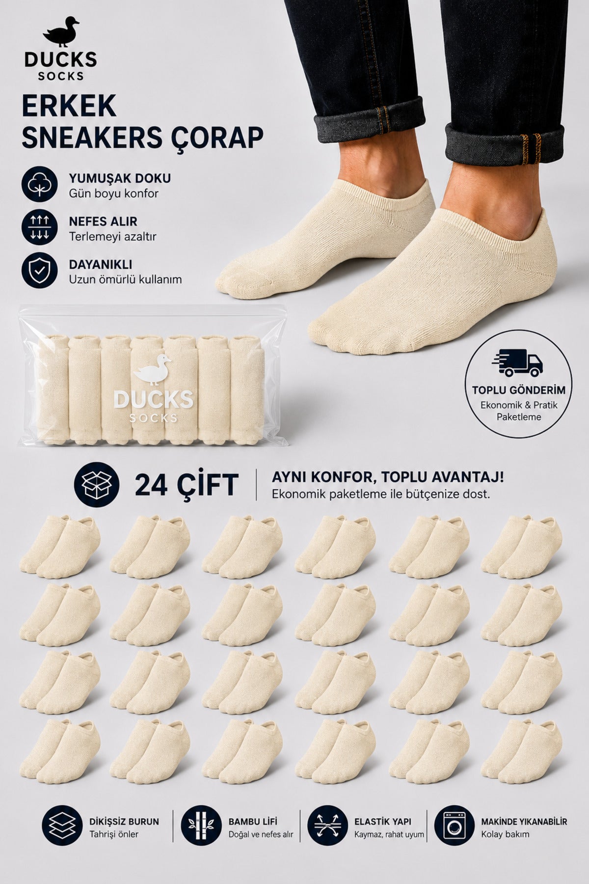 Erkek Bambu 24'lü Set Dikişsiz Yıkamalı Sneakers Çorap