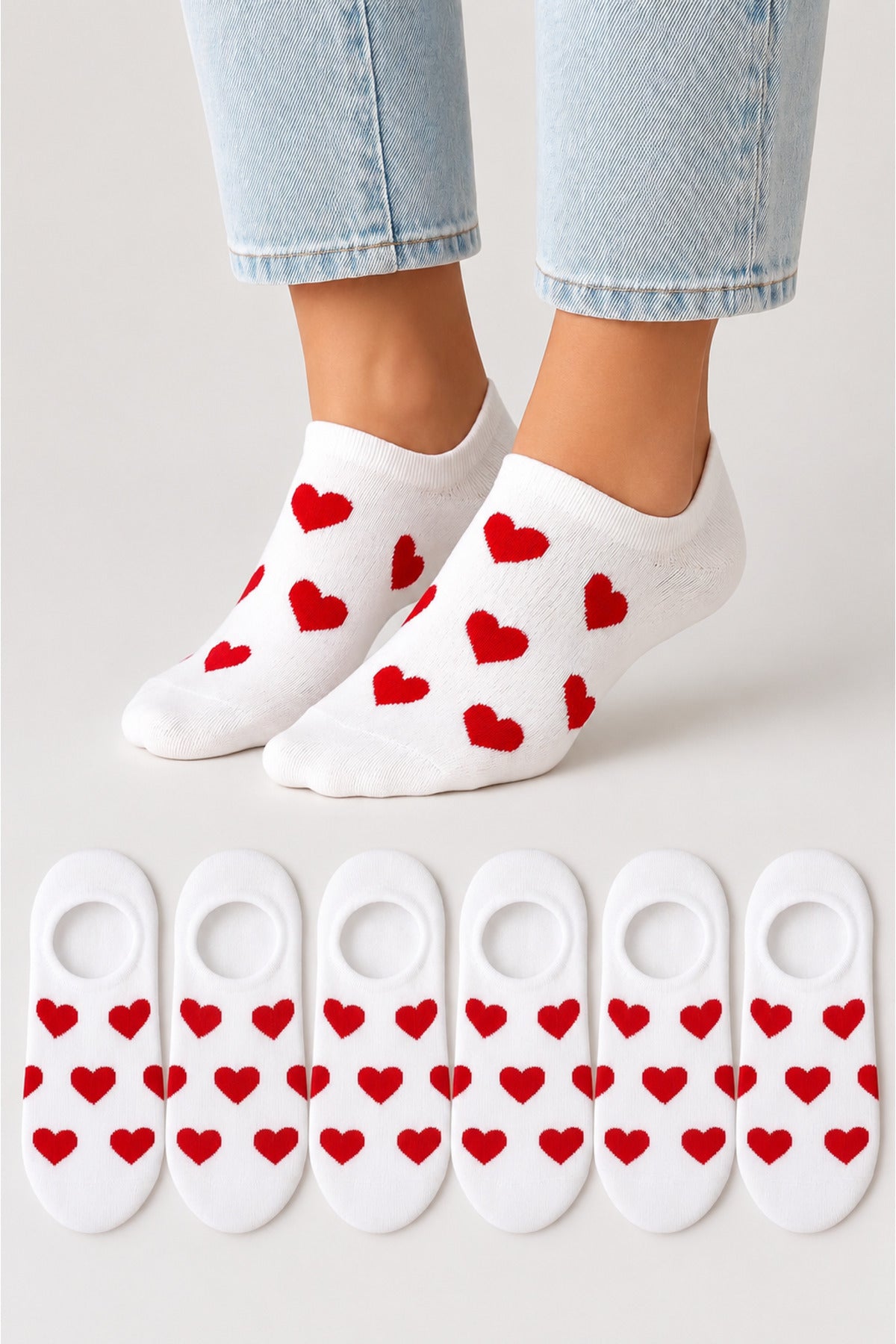Kadın Dikişsiz Soft Pamuk Kalp Desenli 6'lı Sneakers Çorap