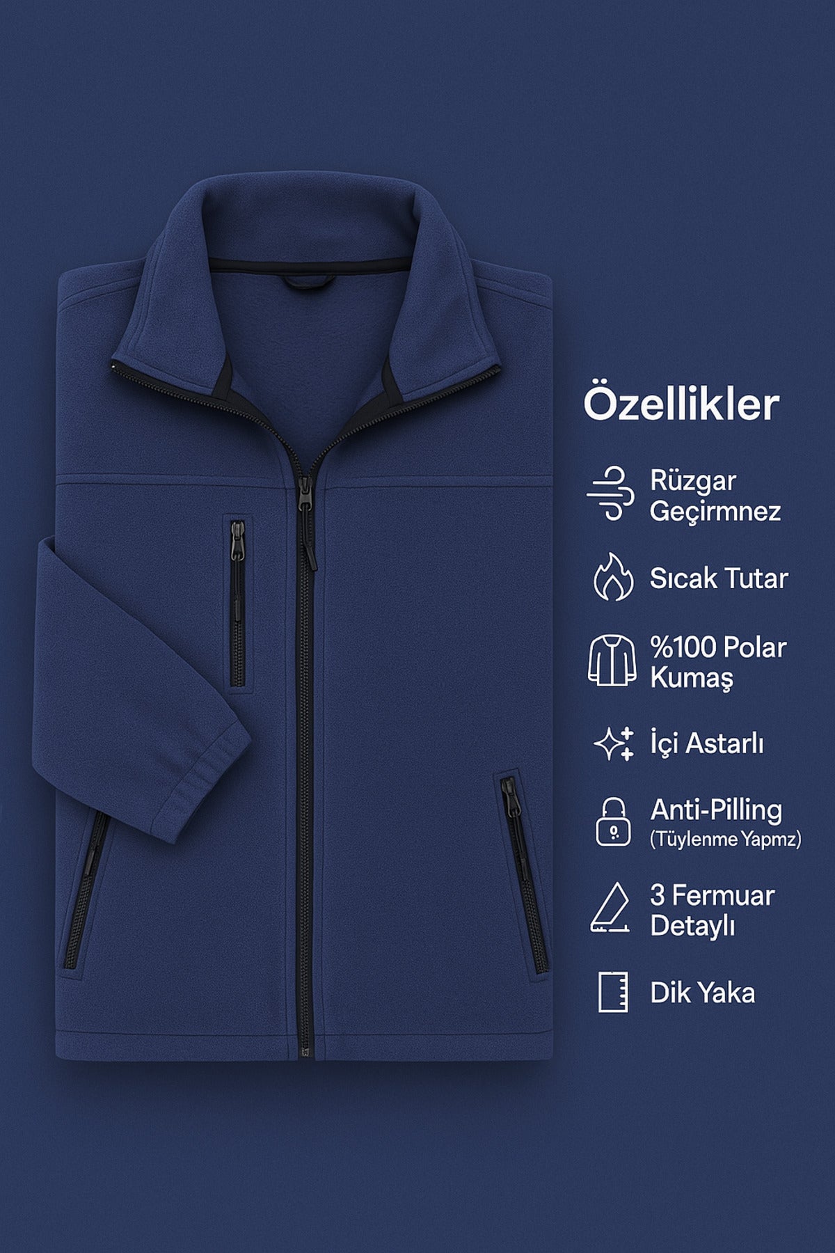 Erkek Anti-pilling Tüylenme Yapmayan Standart Fit Dik Yaka Soğuk Geçirmez Üç Cepli Fermuarlı Polar