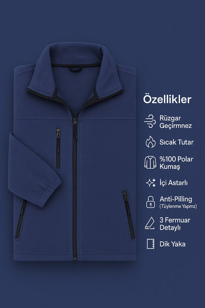 Erkek Anti-pilling Tüylenme Yapmayan Standart Fit Dik Yaka Soğuk Geçirmez Üç Cepli Fermuarlı Polar