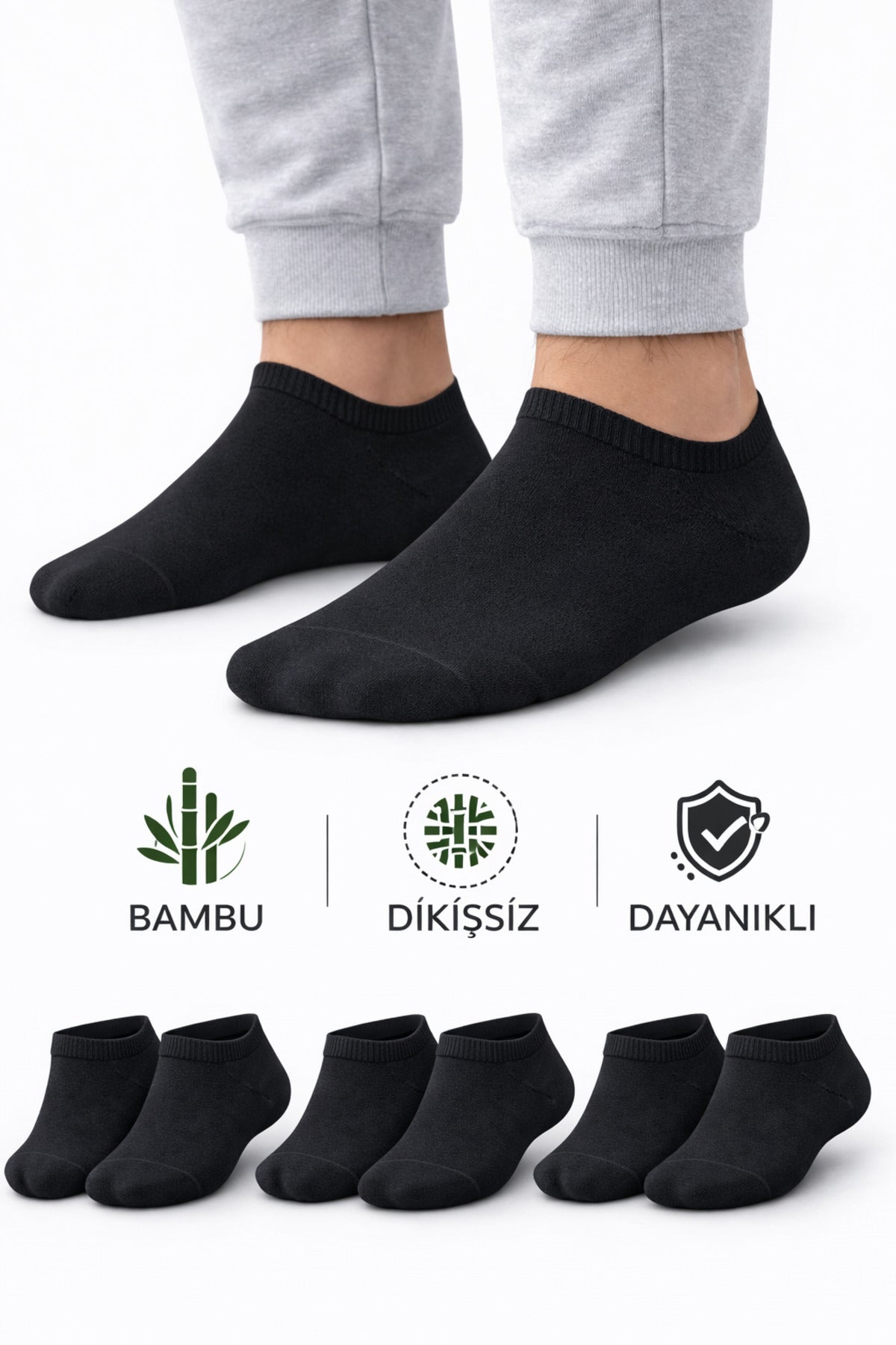 Erkek Siyah Bambu Dikişsiz Sneaker Çorap Dayanıklı 3 Çift Terletmez Günlük