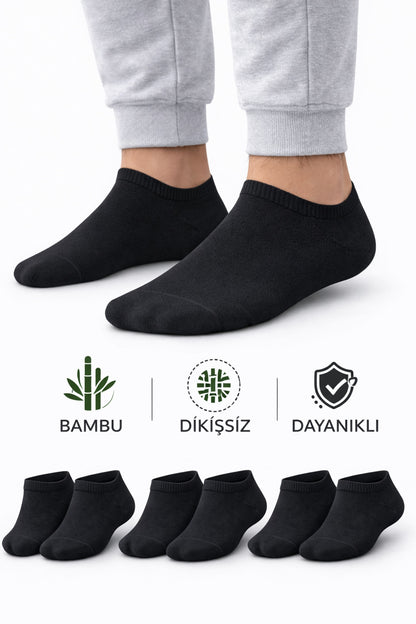 Erkek Siyah Bambu Dikişsiz Sneaker Çorap Dayanıklı 3 Çift Terletmez Günlük