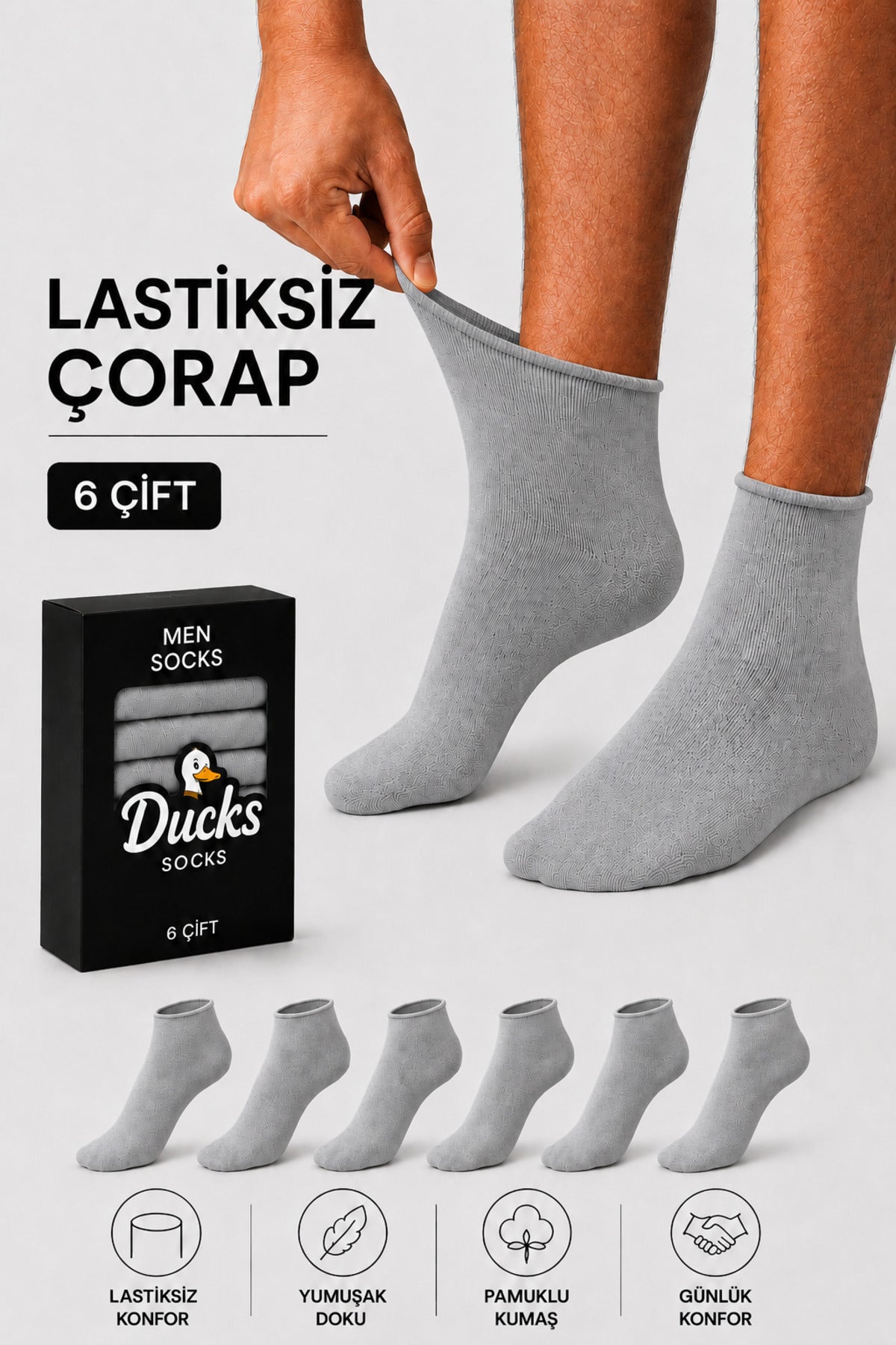 Erkek Gri 6'lı Pamuklu Kutulu Lastiksiz Çorap Diyabetik Dostu Dikişsiz Esnek Iz Bırakmaz Kısa Konç Sıkmayan Çorap