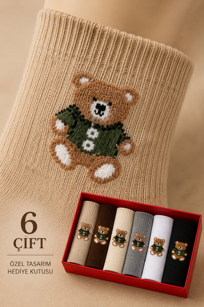 Kadın Teddy Bear Çorap Hediye Kutulu Pamuklu Kısa Konç Ayıcıklı Çorap 6'lı Dikişsiz