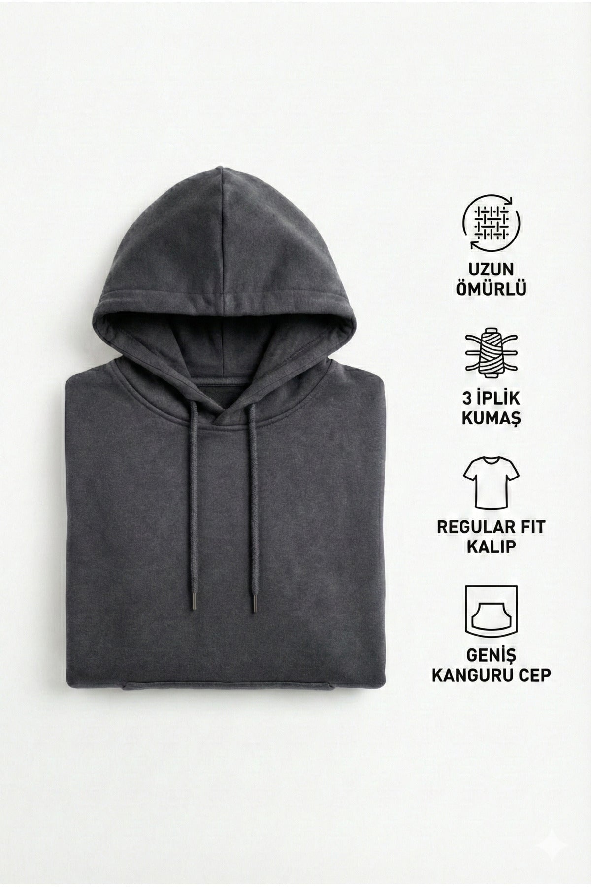 Erkek Füme 3 İplik Pamuklu Kapüşonlu Sweatshirt Basic Hoodie Kanguru Cepli
