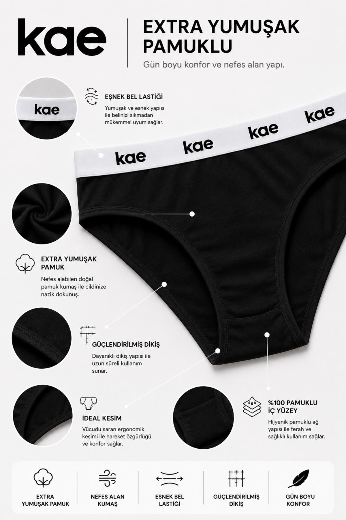 Kadın 5'li Slip Lastikli Külot Extra Yumuşak Pamuklu İz Bırakmaz Soft Premium Kumaş