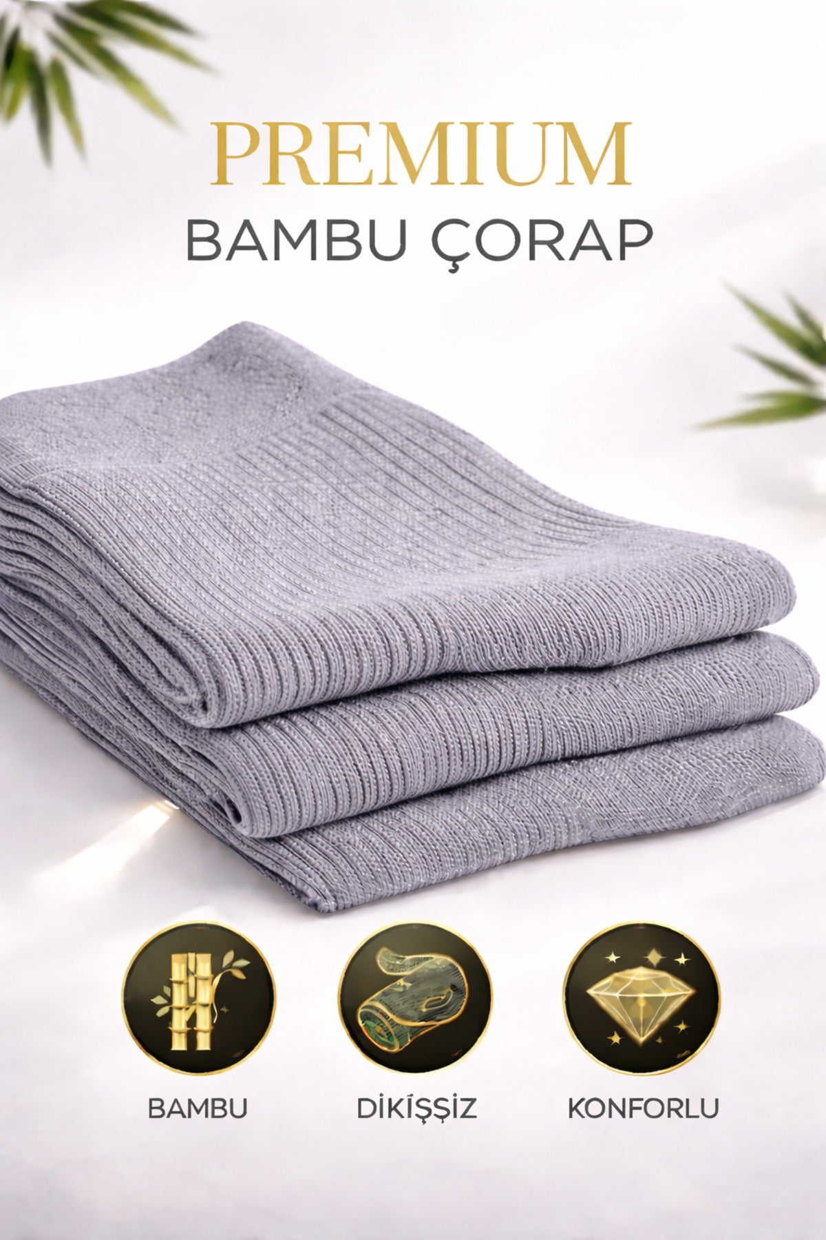 Erkek Gri Uzun Konç Bambu Çorap 3’lü Dikişsiz Terletmeyen İnce Yazlık Nefes Alabilir Premium Çorap