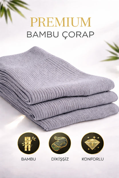 Erkek Gri Uzun Konç Bambu Çorap 3’lü Dikişsiz Terletmeyen İnce Yazlık Nefes Alabilir Premium Çorap