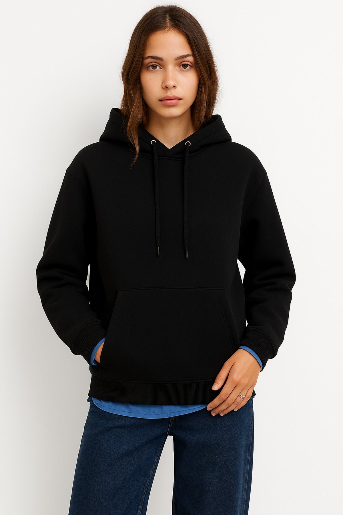 Kadın Siyah 3 İplik Pamuklu Kapüşonlu Sweatshirt Basic Hoodie Kanguru Cepli