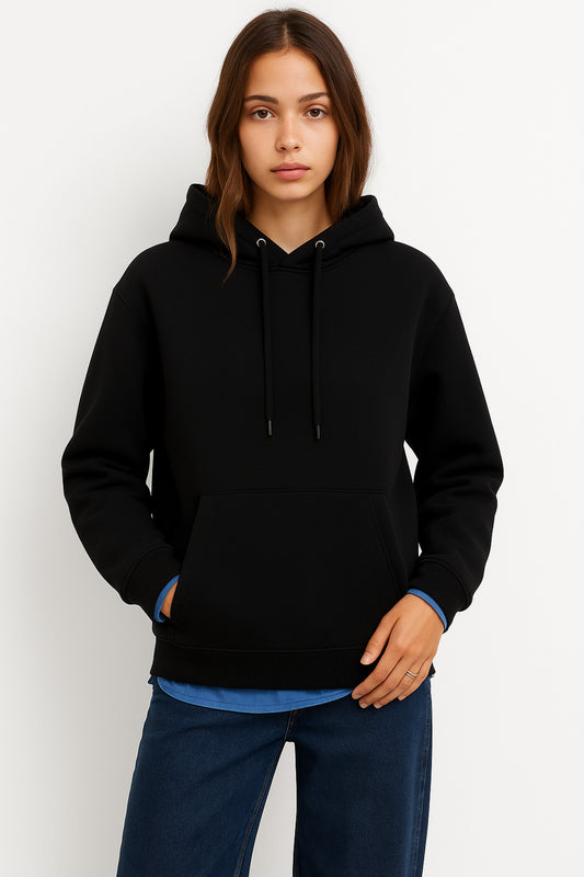 Kadın Siyah 3 İplik Pamuklu Kapüşonlu Sweatshirt Basic Hoodie Kanguru Cepli