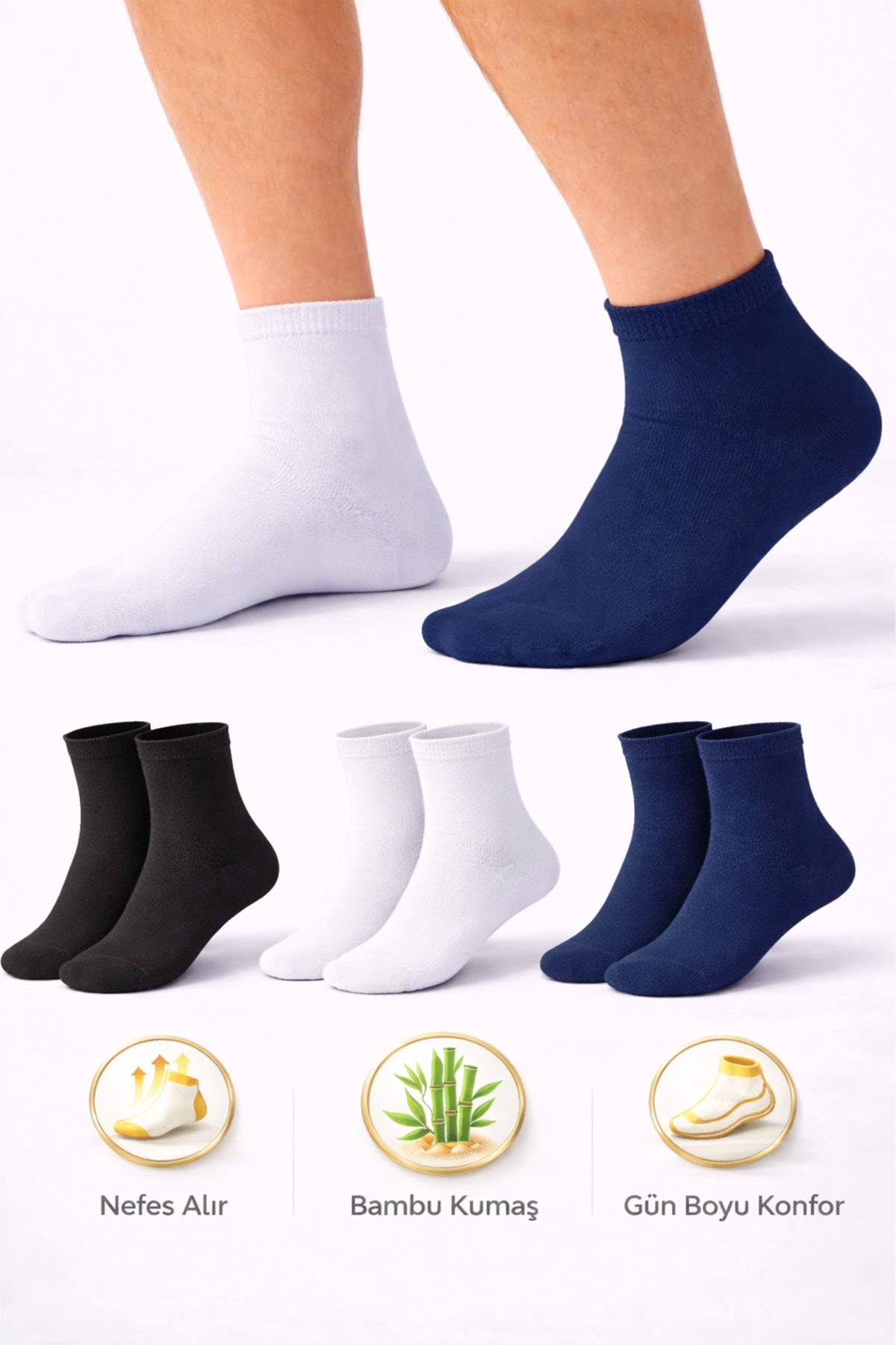 Erkek Kısa Konç Bambu Çorap 3’lü Dikişsiz Terletmeyen Ultra Yumuşak Nefes Alabilir Premium Çorap