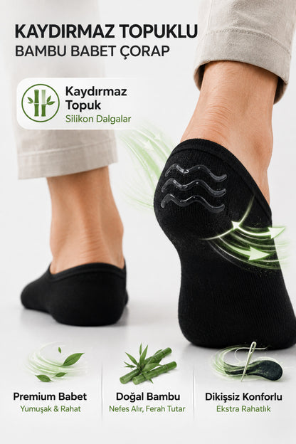 Erkek Siyah Bambu Babet Çorap Kutulu 12'li Dikişsiz Ayaktan Çıkma Önleyici Slikonlu Babet Çorap