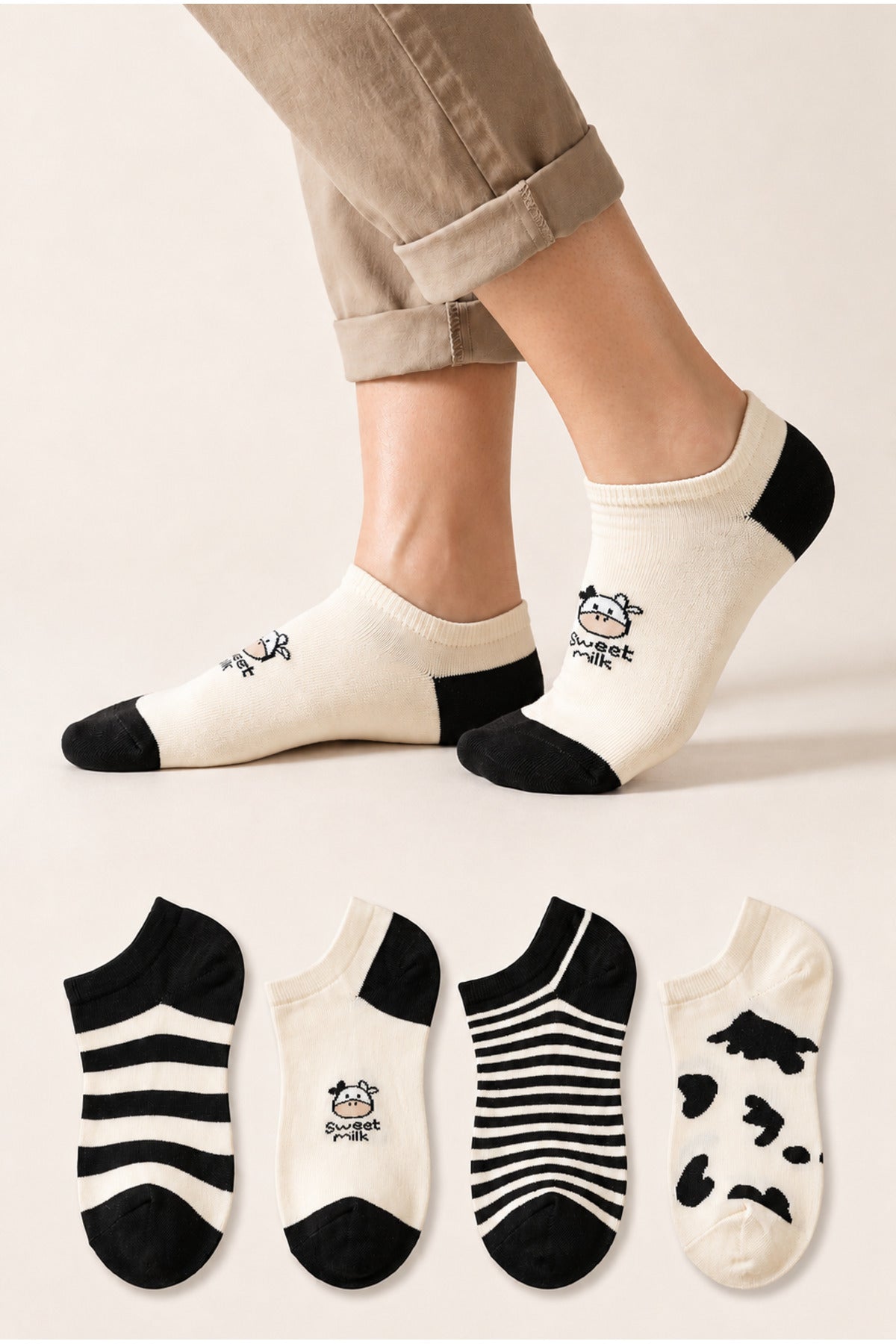 Kadın Pamuklu Dikişsiz 4'lü Desenli Sneakers Çorap