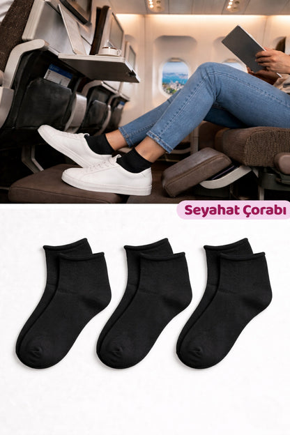 Kadın Siyah Lastiksiz Seyahat Çorabı 3’lü Paket Dikişsiz/Premium/Pamuk/Kısa/ Yolculuk Çorabı