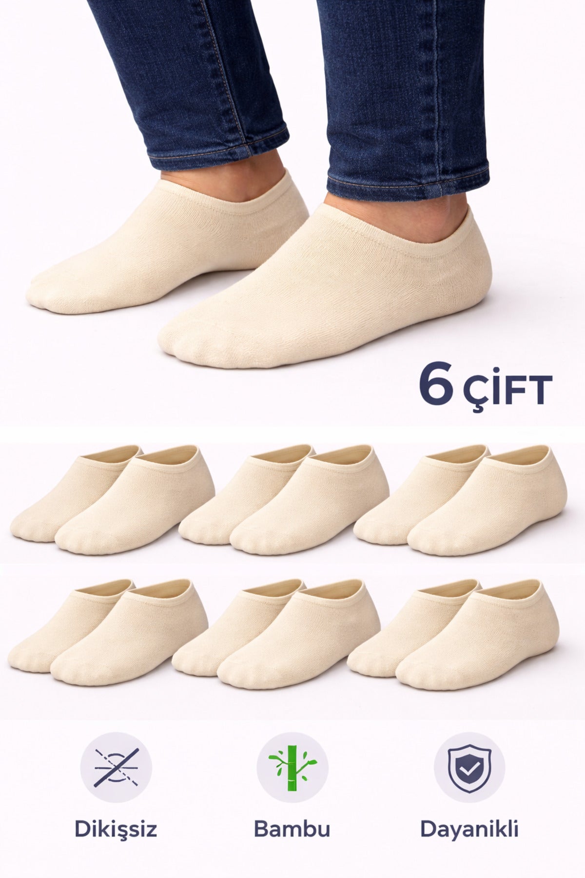 Erkek Bambu 6'lı Dikişsiz Sneakers Çorap