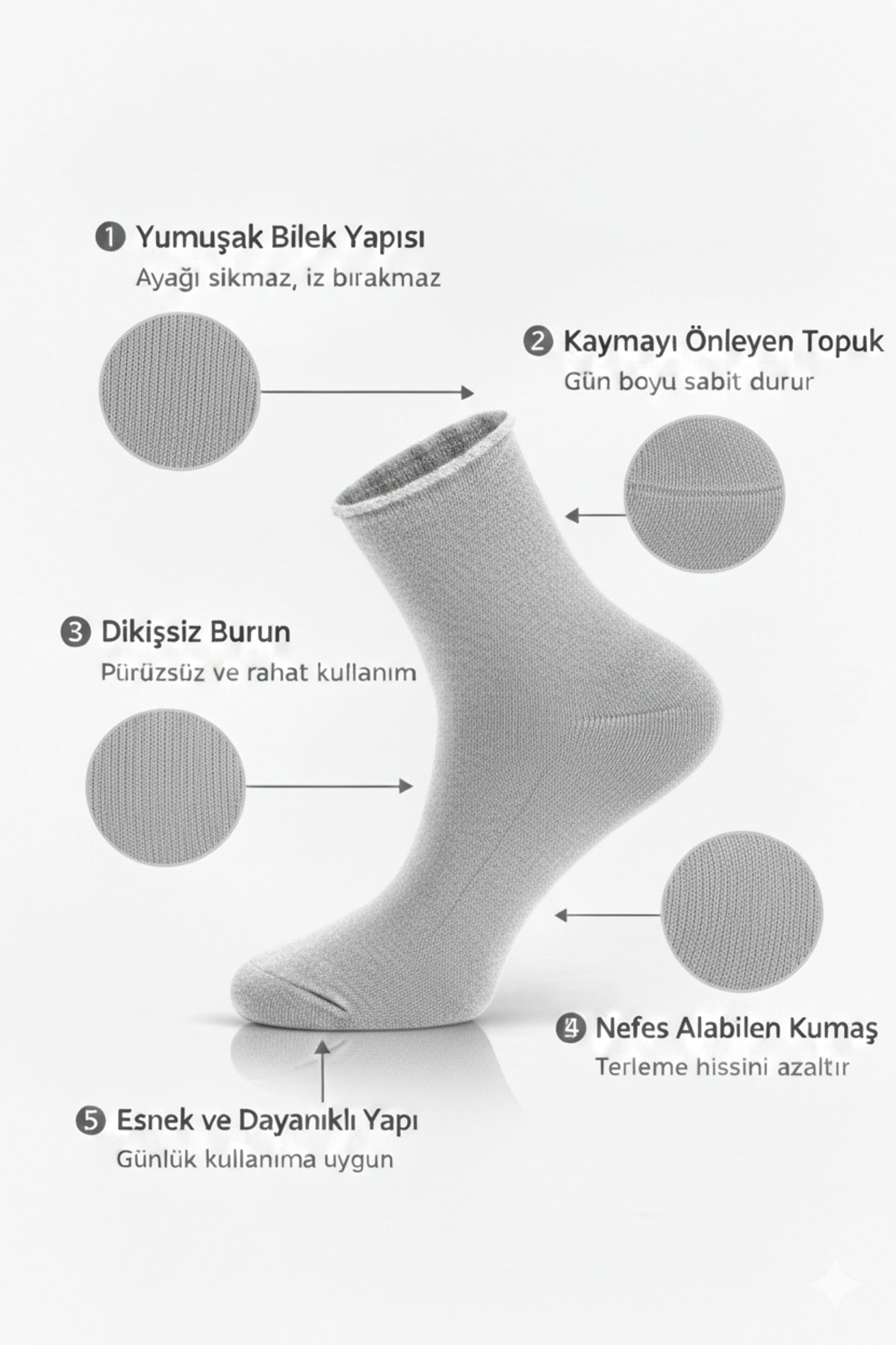 Erkek Gri 6'lı Pamuklu Kutulu Lastiksiz Çorap Diyabetik Dostu Dikişsiz Esnek Iz Bırakmaz Kısa Konç Sıkmayan Çorap