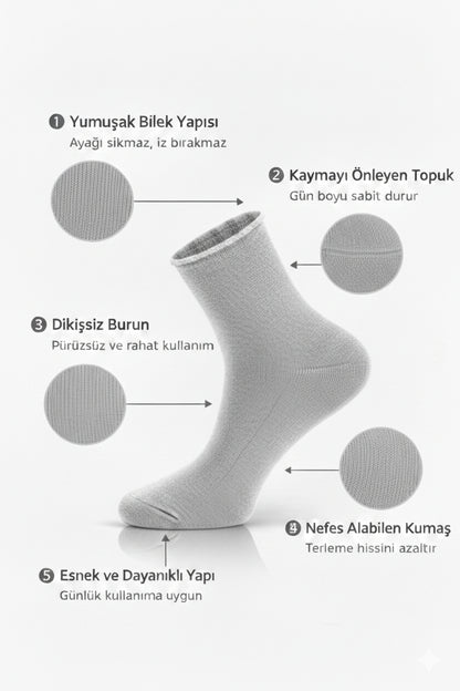 Erkek Gri 6'lı Pamuklu Kutulu Lastiksiz Çorap Diyabetik Dostu Dikişsiz Esnek Iz Bırakmaz Kısa Konç Sıkmayan Çorap