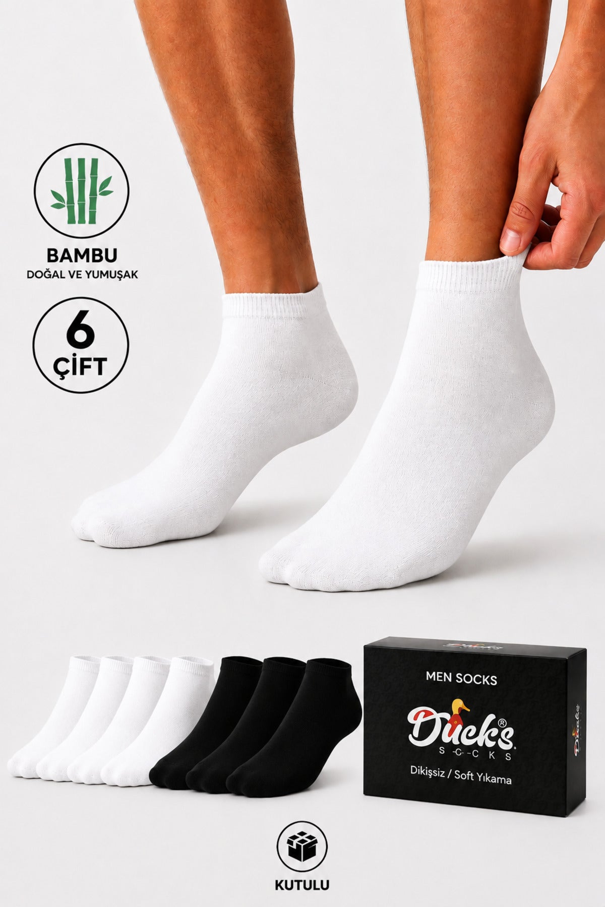 Erkek Bambu Patik Kutulu Çorap Siyah-Beyaz 6 Çift Dikişsiz Nefes Alabilir Terletmez