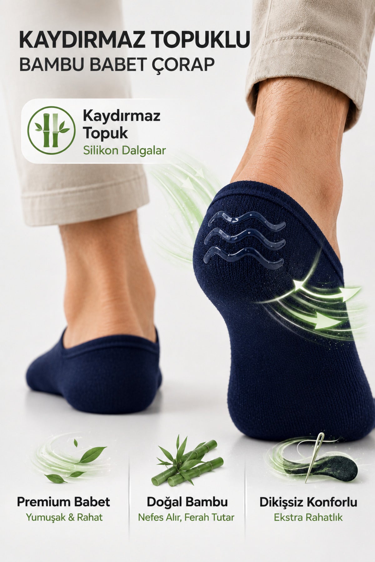 Erkek Lacivert Bambu Babet Çorap 3'lü Dikişsiz Ayaktan Çıkma Önleyici Slikonlu