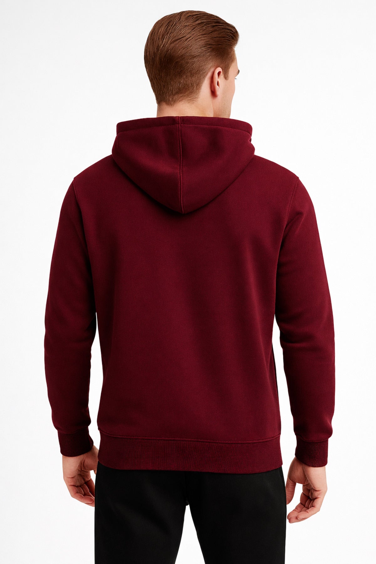 Erkek Bordo 3 İplik Pamuklu Kapüşonlu Sweatshirt Basic Hoodie Kanguru Cepli