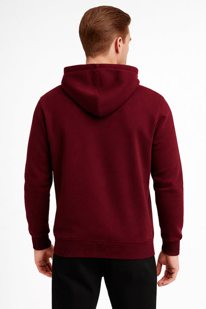 Erkek Bordo 3 İplik Pamuklu Kapüşonlu Sweatshirt Basic Hoodie Kanguru Cepli
