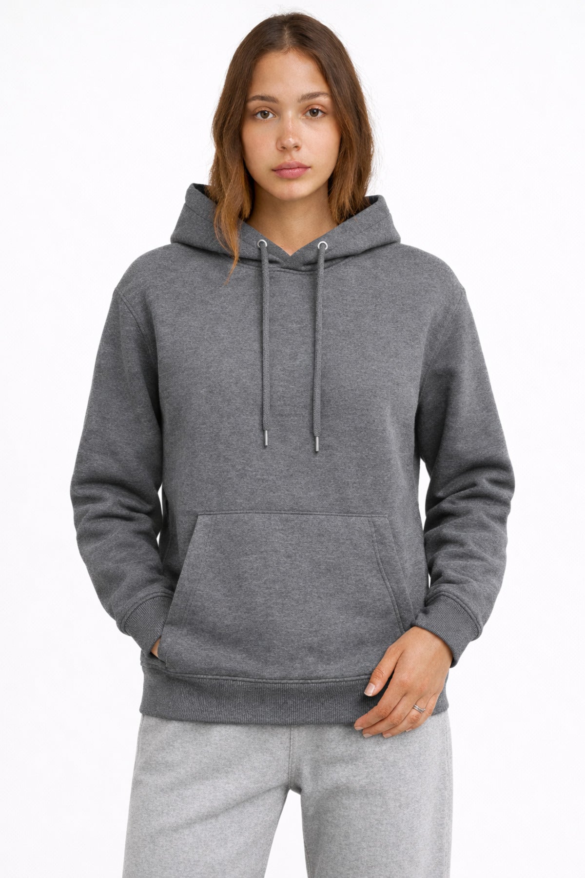 Kadın Füme 3 İplik Pamuklu Kapüşonlu Sweatshirt Basic Hoodie Kanguru Cepli