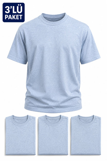 Erkek 3'lü Paket Pamuklu Regular Fit Bisiklet Yaka Günlük Basic Erkek Bebe Mavi Tişört
