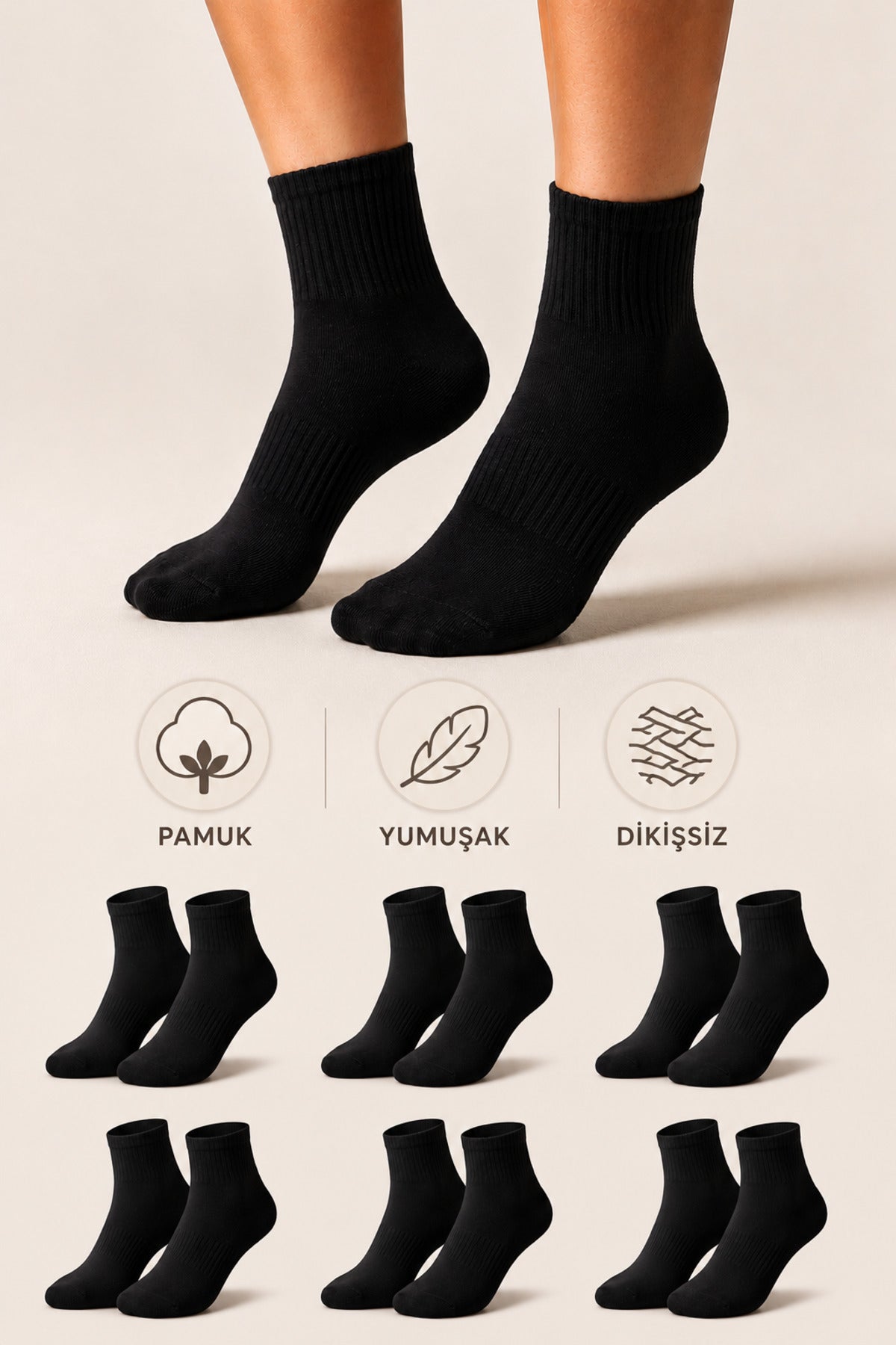 Kadın Pamuklu Dikişsiz Çorap 6'lı Yarım Konç Günlük Çorap