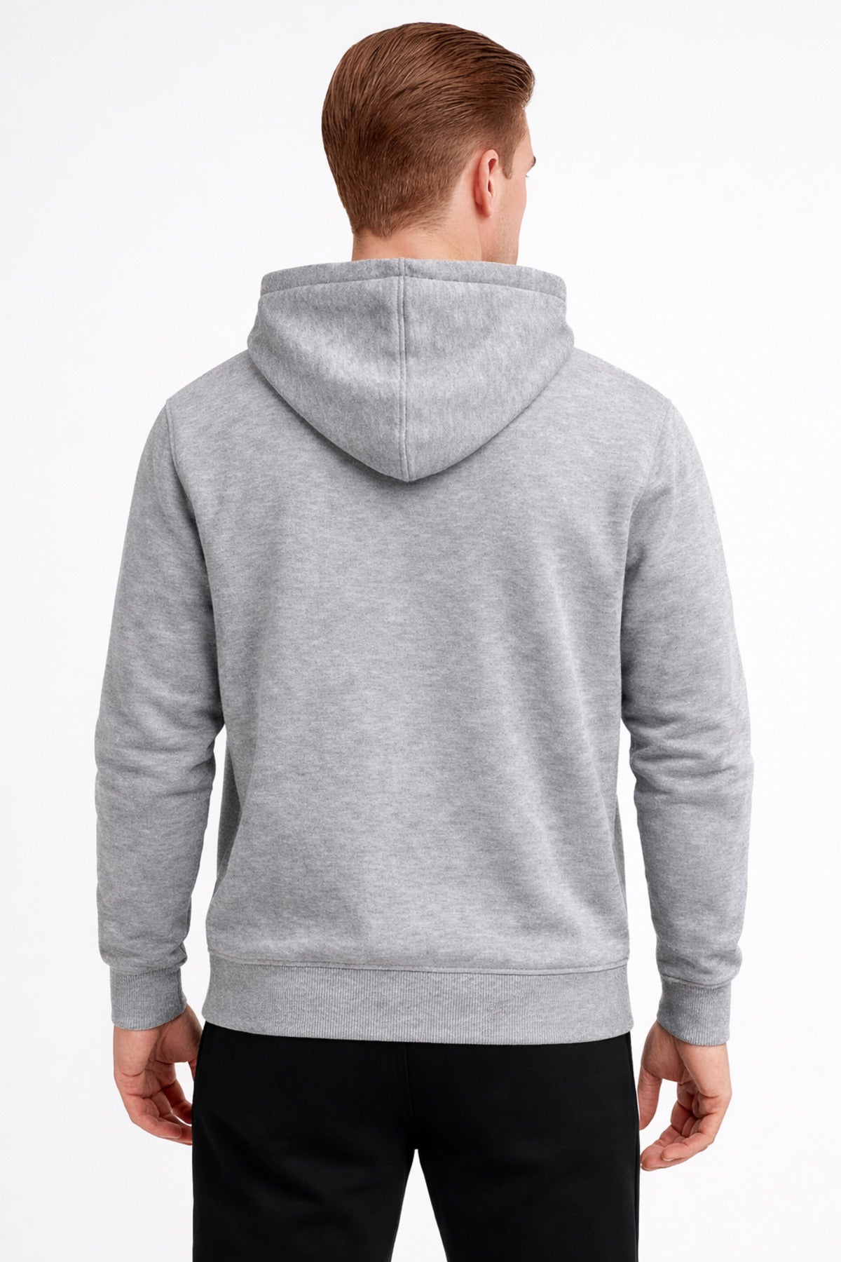 Erkek Gri 3 İplik Pamuklu Kapüşonlu Sweatshirt Basic Hoodie Kanguru Cepli